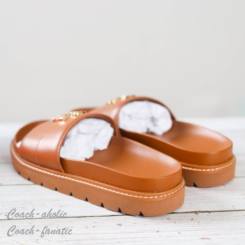 NIB Tory Burch Everly Anatomic Lug Nappa Leather Slide Sandal in Bourbon - Picture 3 of 9